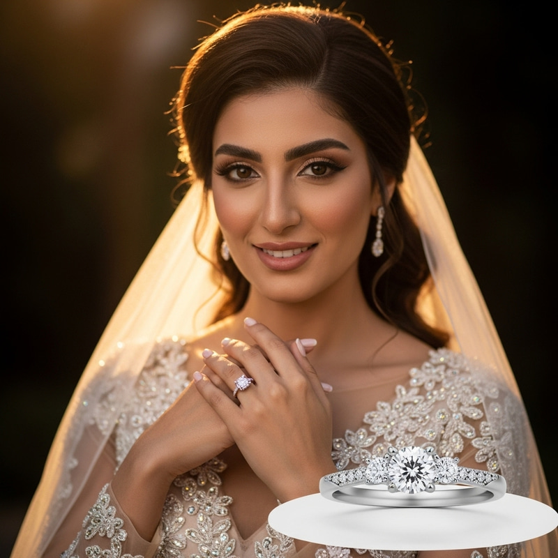 Dreamy Bride Flaunting Three-Stone Engagement Ring in Romantic Lighting Dreamy Bride Flaunting Three-Stone Engagement Ring in Romantic Lighting
