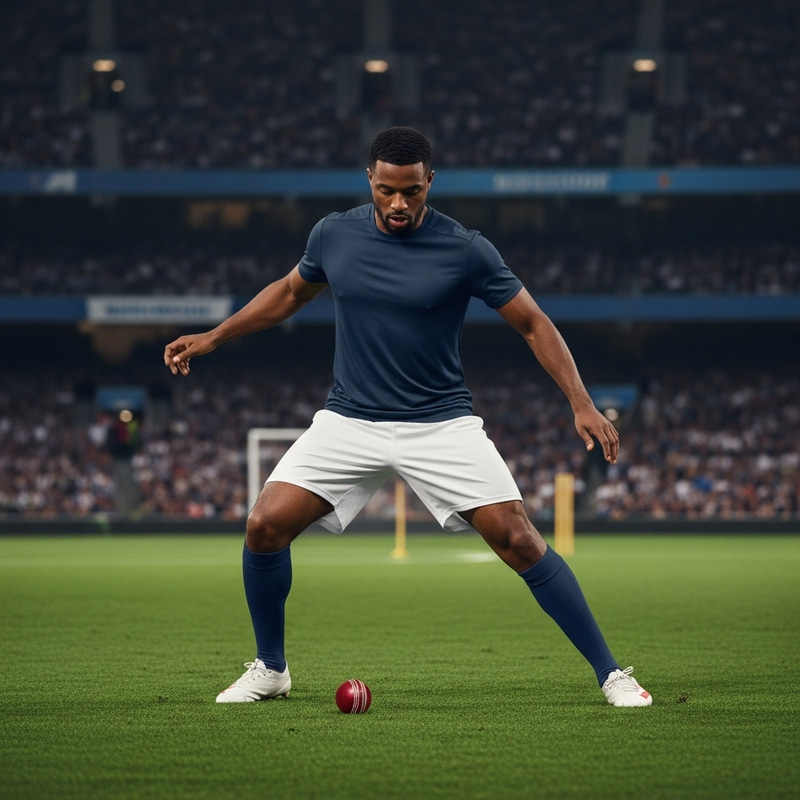 Athletic Soccer Player Skillfully Playing Cricket Ball on Football Pitch Athletic Soccer Player Skillfully Playing Cricket Ball on Football Pitch