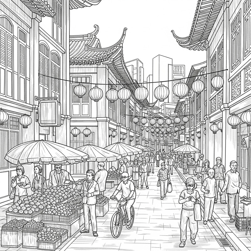 Chinatown Street Scene in Singapore: Ink Sketch Art Chinatown Street Scene in Singapore: Ink Sketch Art