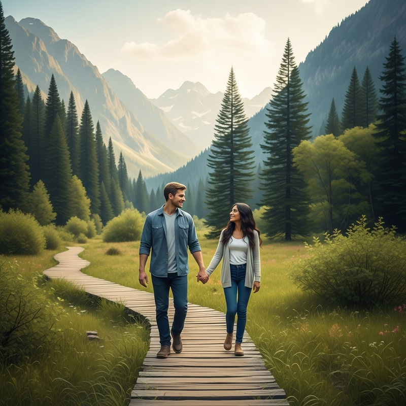 Lovers Hiking in a Dreamy Valley - Oil Painting Lovers Hiking in a Dreamy Valley - Oil Painting