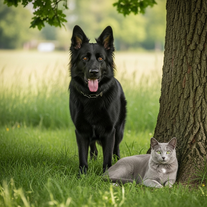 Black German Shepherd and Russian Blue Cat