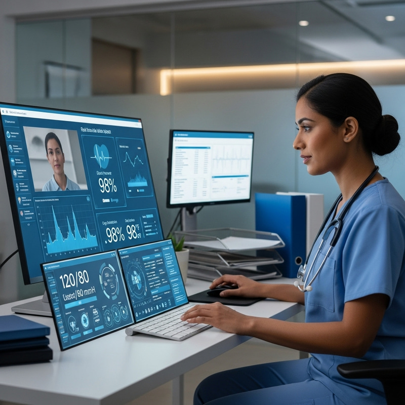 South Asian Nurse in Telehealth Session with Patient Monitoring South Asian Nurse in Telehealth Session with Patient Monitoring