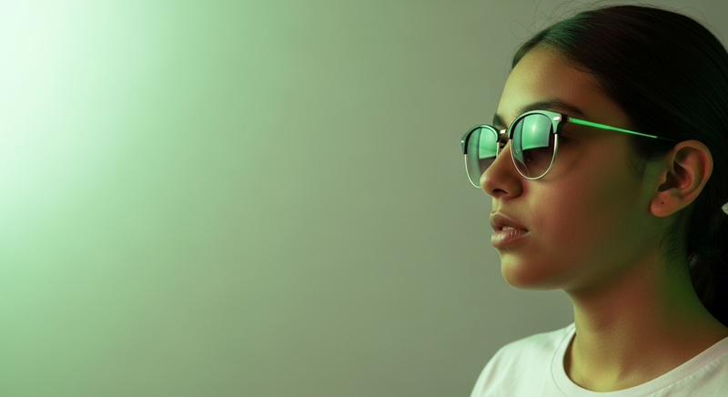 Hispanic Girl in Sunglasses and White T-Shirt on Green Background Hispanic Girl in Sunglasses and White T-Shirt on Green Background