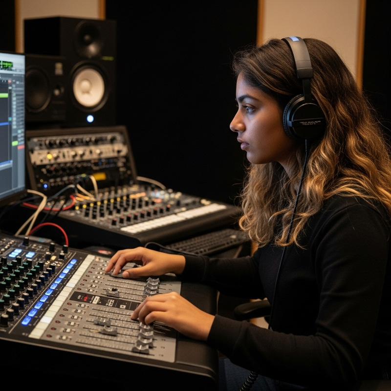 Young South Asian Girl in front of Audio Production Studio Young South Asian Girl in front of Audio Production Studio