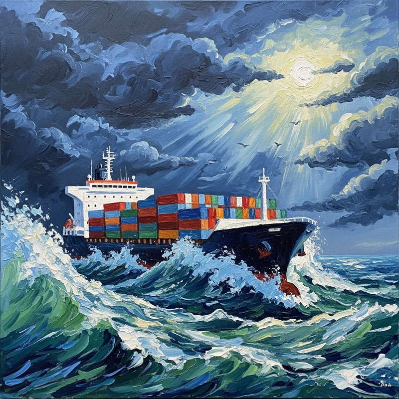 Van Gogh Style Container Ship Painting in Storm | High Waves & Sun Van Gogh Style Container Ship Painting in Storm | High Waves & Sun
