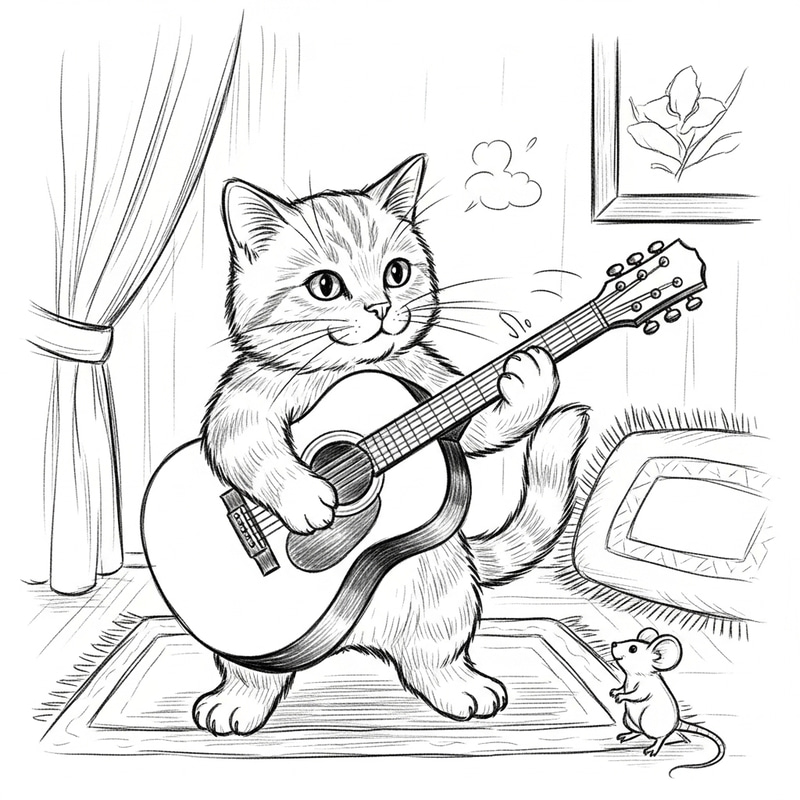 Cute Cat Jamming on Guitar Sketch Cute Cat Jamming on Guitar Sketch