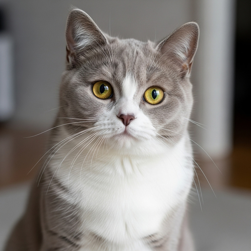 Light Grey Scottish Short Hair Cat with White Paws & Yellow Eyes Light Grey Scottish Short Hair Cat with White Paws & Yellow Eyes