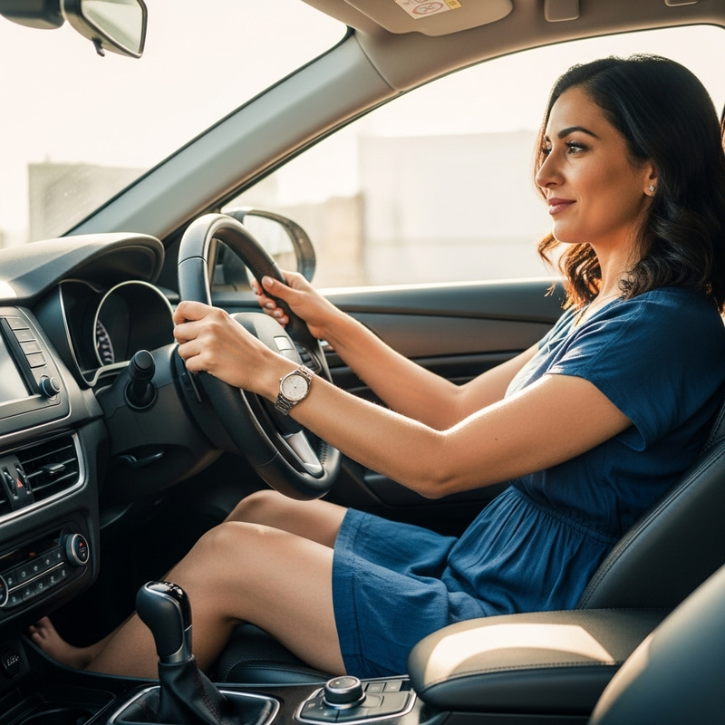 Barefoot Woman Driving Modern Car | Confident Female Driver Barefoot Woman Driving Modern Car | Confident Female Driver