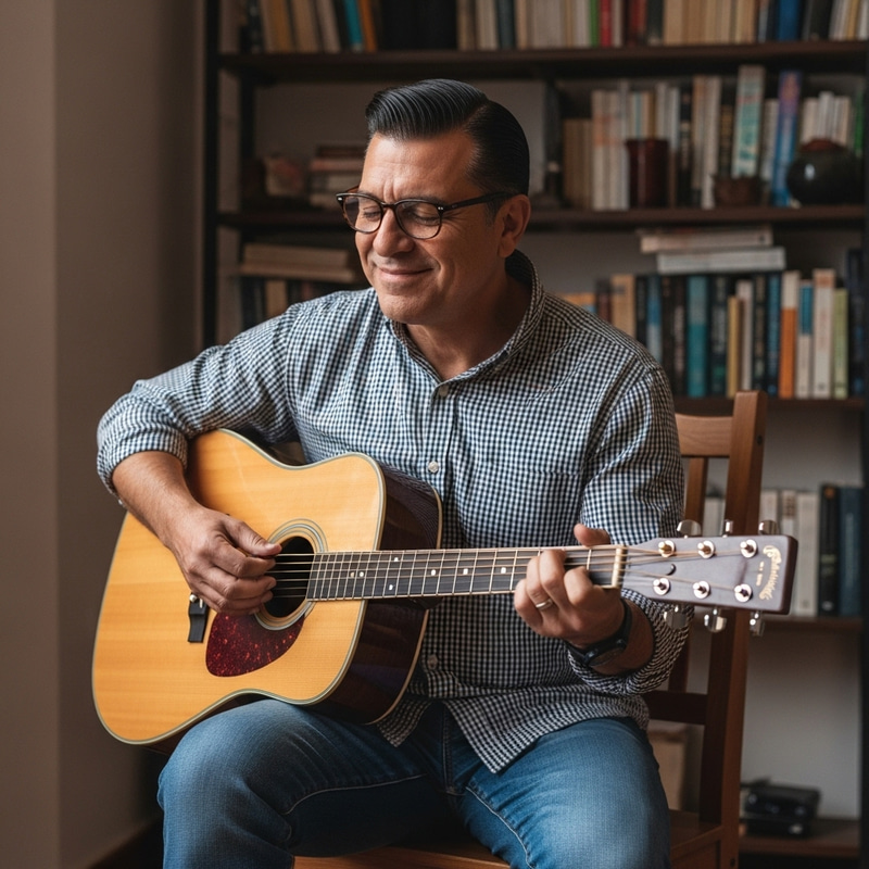 Captivating Image of a Middle-aged Hispanic Man Playing Acoustic Guitar Captivating Image of a Middle-aged Hispanic Man Playing Acoustic Guitar