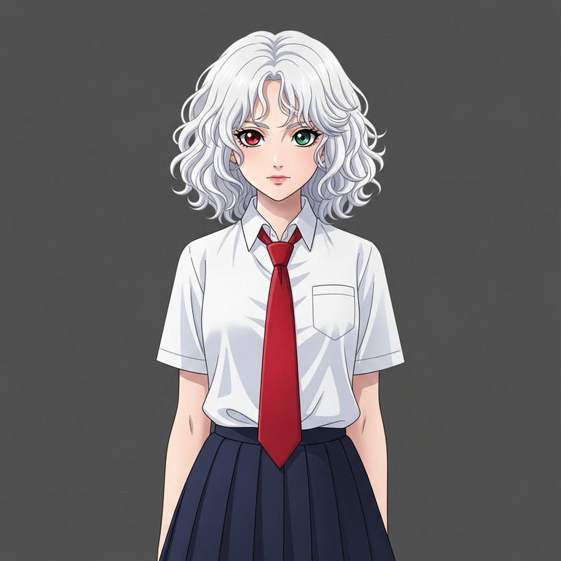 Heterochromia: Curly White Hair School Girl with Red Tie Heterochromia: Curly White Hair School Girl with Red Tie
