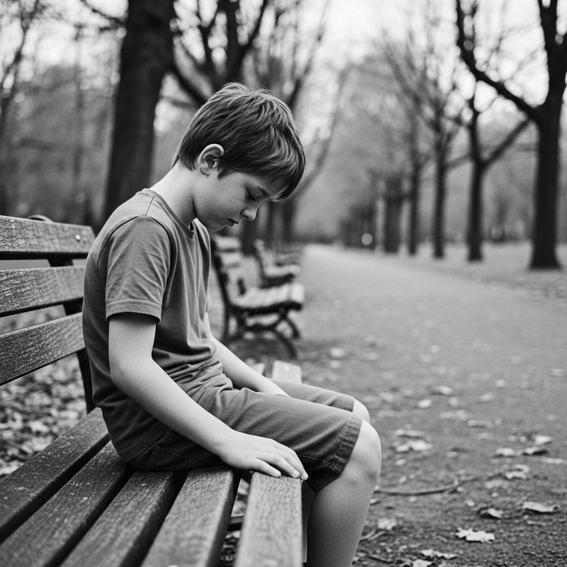 Sad Boy Alone on Bench: Heartbreak in Monochrome Sad Boy Alone on Bench: Heartbreak in Monochrome