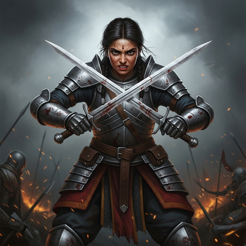Warlike Girl in Torn Armor with Swords Warlike Girl in Torn Armor with Swords