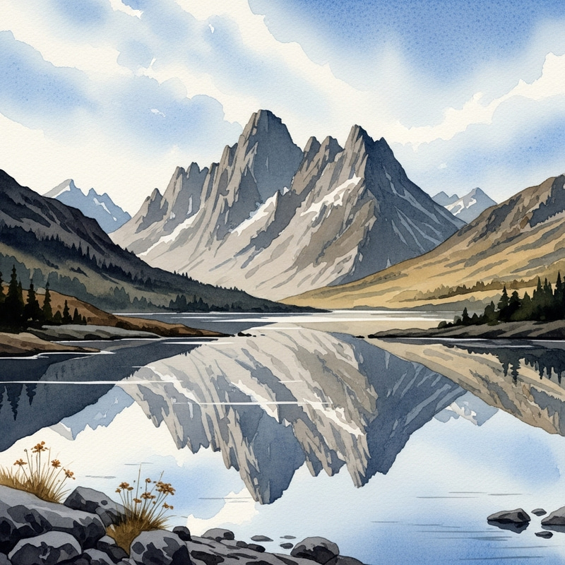 Majestic Mountains in Watercolor - Serene Landscape Art Majestic Mountains in Watercolor - Serene Landscape Art