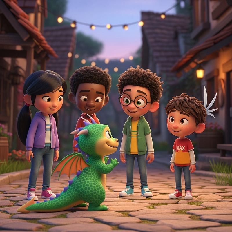 Spark and Friends in Quaint Village Scene | 3D Animation Charm Spark and Friends in Quaint Village Scene | 3D Animation Charm