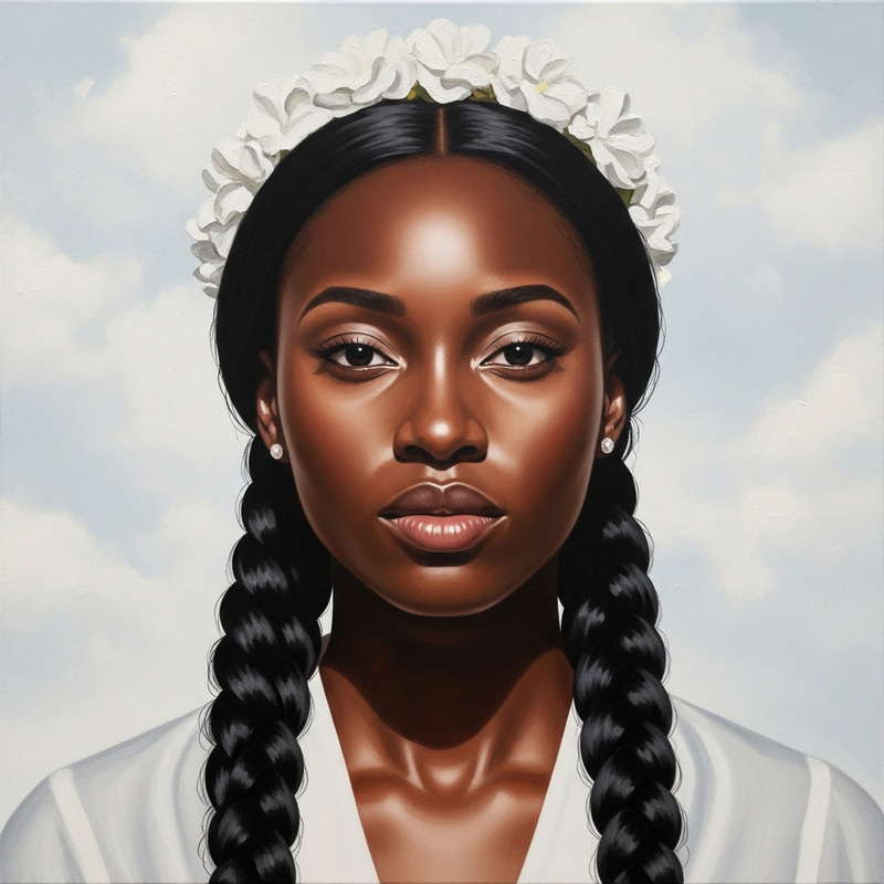 Realistic Oil Painting of Black Woman with Floral Head Adornment