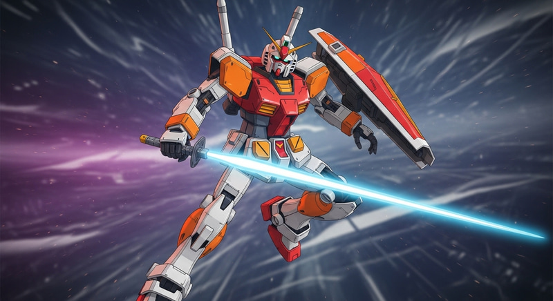 Futuristic Orange Gundam-Style Robot with Beam Sabre in Dynamic Pose