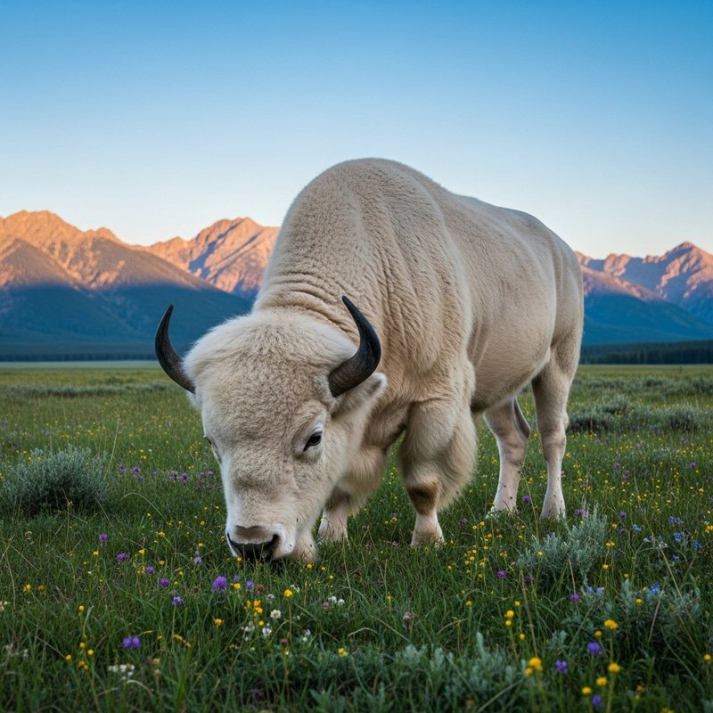 Majestic White Bison in Lush Meadow Majestic White Bison in Lush Meadow