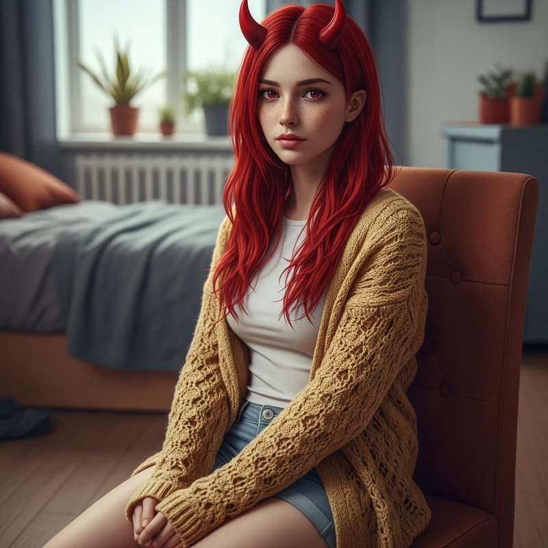 Intriguing Teenage Girl with Red Demonic Horns in an Apartment Intriguing Teenage Girl with Red Demonic Horns in an Apartment