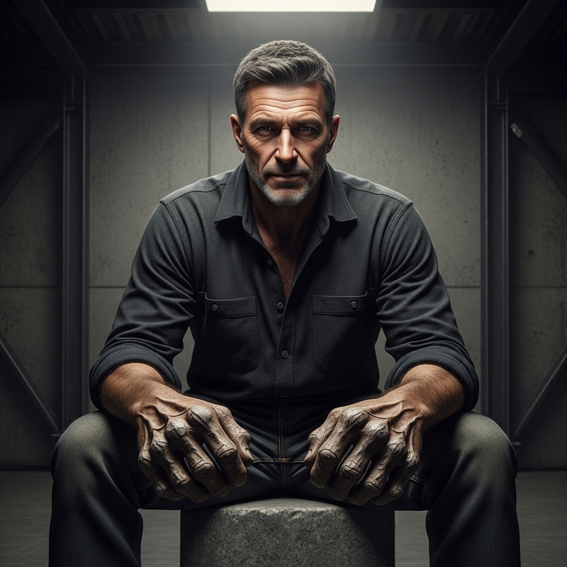 Intimidating 50-Year-Old Man with Stone-Like Hands Sitting on Cube Intimidating 50-Year-Old Man with Stone-Like Hands Sitting on Cube