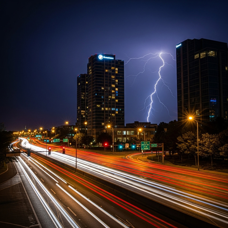 Stunning Night Scene: Building and Highway Lightning Stunning Night Scene: Building and Highway Lightning
