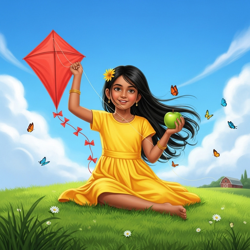 South Asian Girl Flying Kite on Hill with Fresh Apple South Asian Girl Flying Kite on Hill with Fresh Apple
