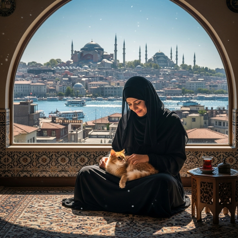 Muslim Woman in Niqab Petting Cat in Istanbul Front View Muslim Woman in Niqab Petting Cat in Istanbul Front View