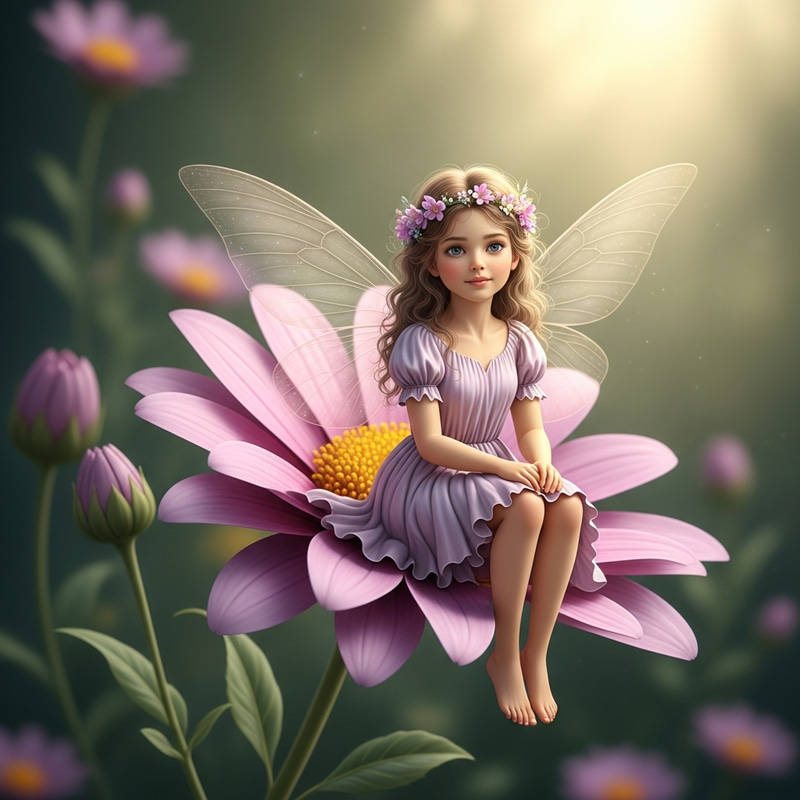 Magical Fairy Sitting on Lavender Flower Magical Fairy Sitting on Lavender Flower