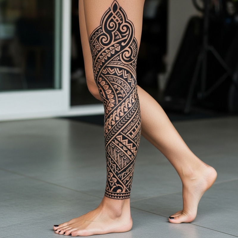 Dark Tribal Leg Tattoo for Women | Detailed Design