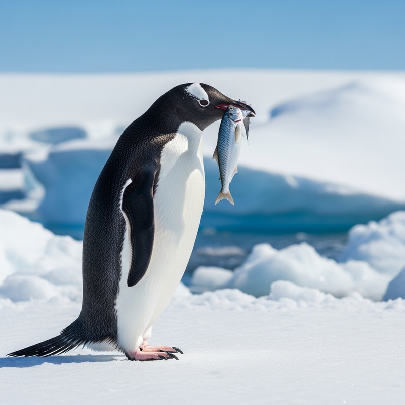 Cute Antarctic Penguin with Fish | Natural Snowy Scene