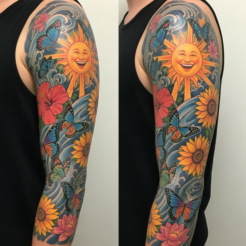 Arm Tattoo: Celebrate Life with Vibrant Joy Design