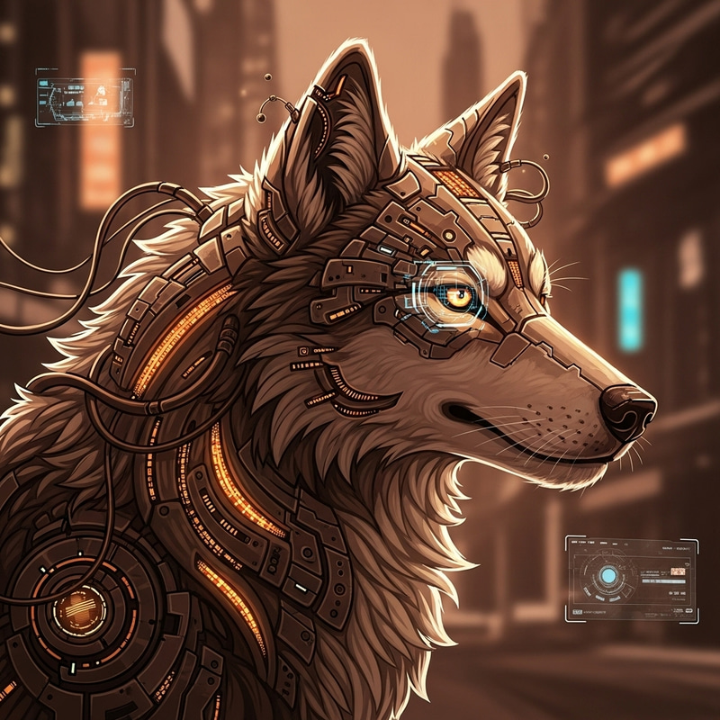 Cyberpunk Style Wolf - Smiling with Head Turned Right in Brown Shades