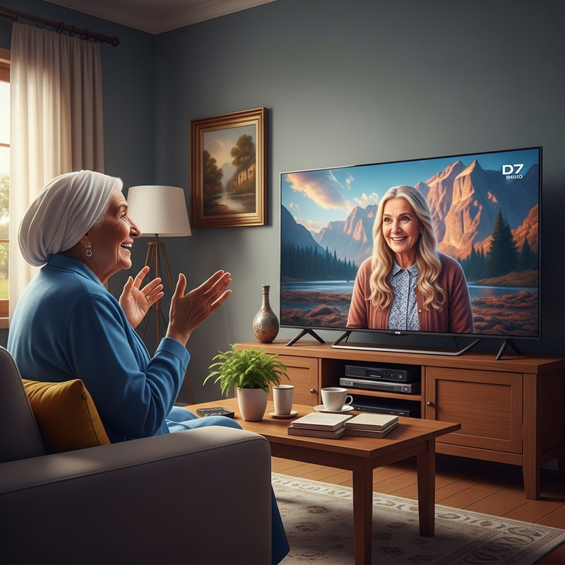 Hyper-Realistic Image of a Blissful Middle-Eastern Grandmother with a Modern TV