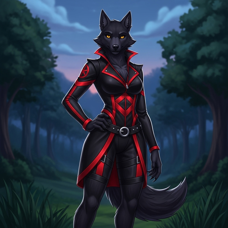 Black Female Wolf in Stylish Outfit under Twilight Sky
