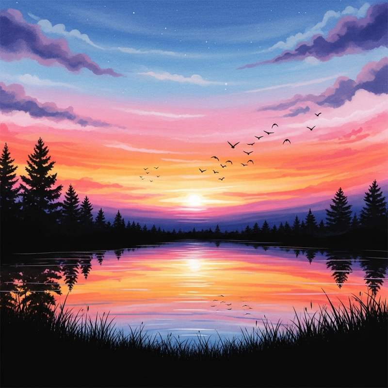 Tranquil Sunset Watercolor Art Tranquil Sunset Watercolor Art