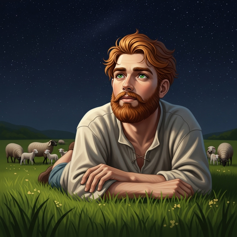 Admiring Shepherd in Starlit Field with Flock at Night