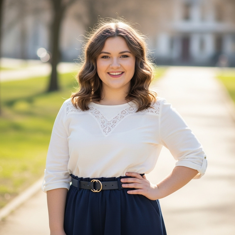 Confident Plump Girl with Wavy Brown Hair | Tranquil Setting Confident Plump Girl with Wavy Brown Hair | Tranquil Setting
