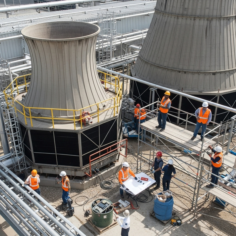 Bustling Industrial Process with Diverse Workforce and Cooling Tower Bustling Industrial Process with Diverse Workforce and Cooling Tower