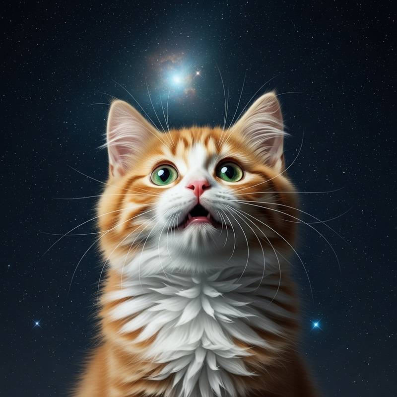 Adorable Kitten with Big Green Eyes Staring at Starry Sky Adorable Kitten with Big Green Eyes Staring at Starry Sky