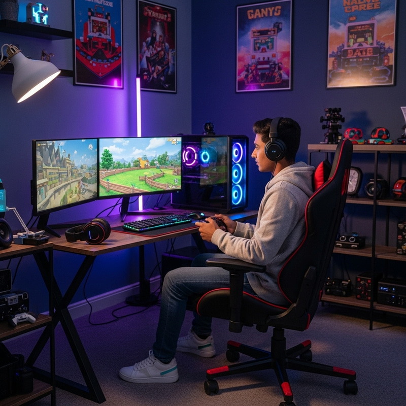 Young South Asian Gamer in Brightly Lit Gaming Room Young South Asian Gamer in Brightly Lit Gaming Room