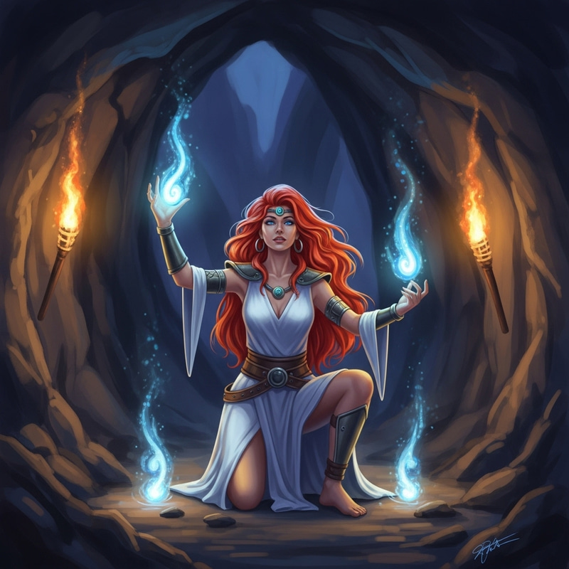 Caucasian Woman in Mystical Cave - Transformative Fantasy Artwork