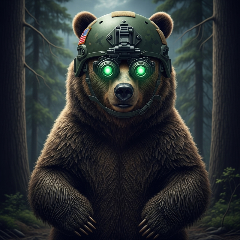 Bear in Military Helmet with Night Vision Goggles | Unique Image