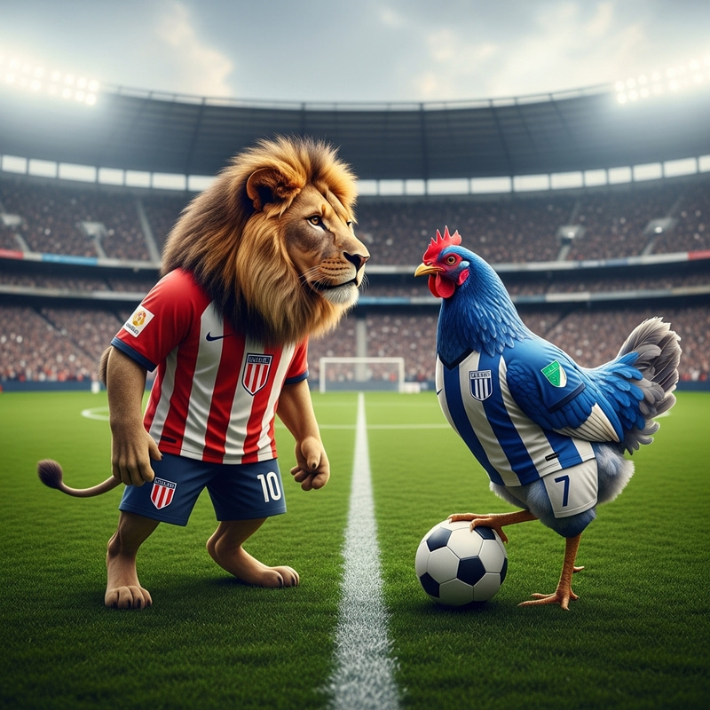 Lion in Santa Fe Soccer Jersey, Chicken in Millonarios Jersey Lion in Santa Fe Soccer Jersey, Chicken in Millonarios Jersey