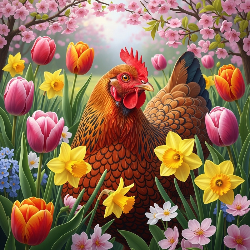 Spring Chicken Amidst Cherry Blossoms & Tulips