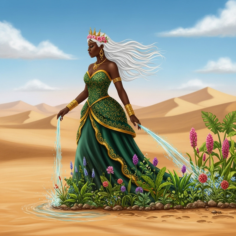 Majestic Black Woman's Oasis: Desert Blooms at her Feet Majestic Black Woman's Oasis: Desert Blooms at her Feet