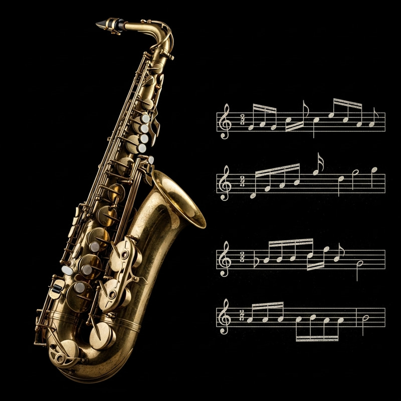 Vintage Saxophone and Dusty Musical Notes on Dark Background