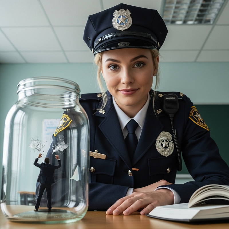 Blonde Student Policewoman Smirking at Tiny Man in Glass Jar Blonde Student Policewoman Smirking at Tiny Man in Glass Jar