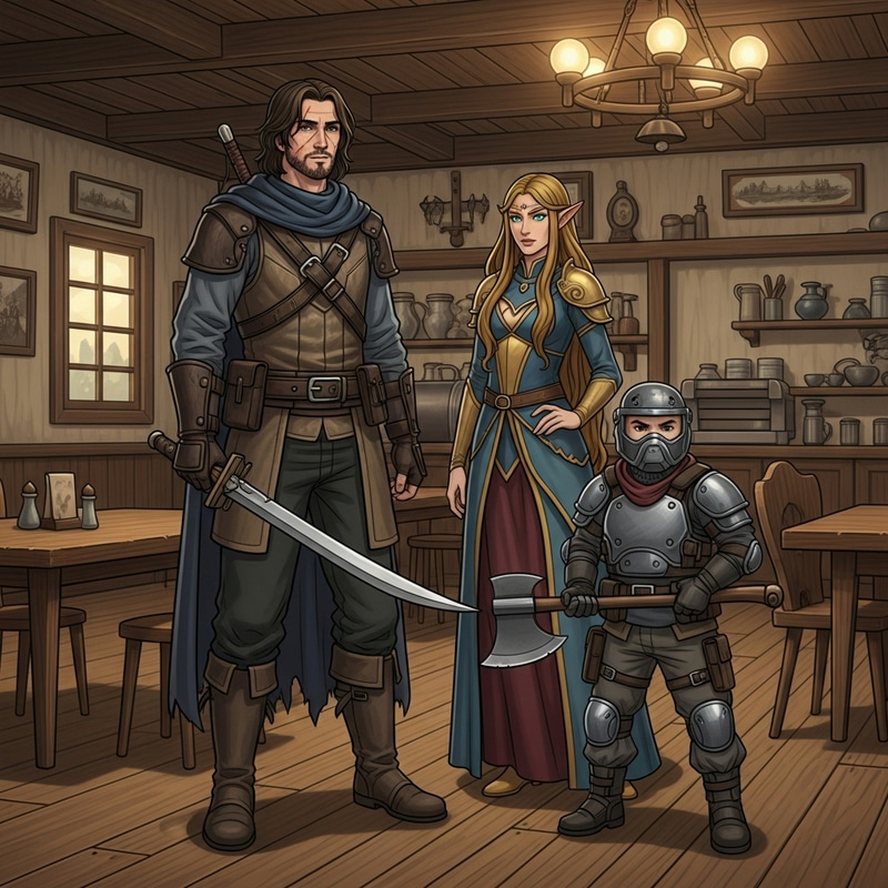 Male Witcher and Elven Sorceress with Dwarf in Rustic Inn | Fantasy Scene