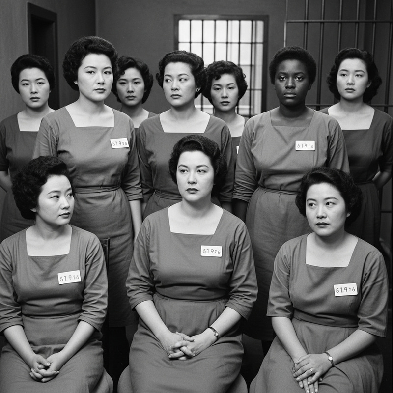 1950 Women in Blue Prison Dresses with Square Neckline 1950 Women in Blue Prison Dresses with Square Neckline