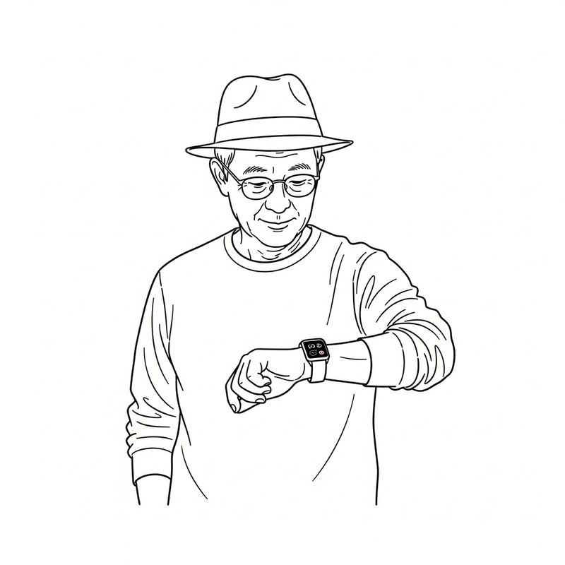 Elderly Asian Man in Fedora and Smartwatch Drawing