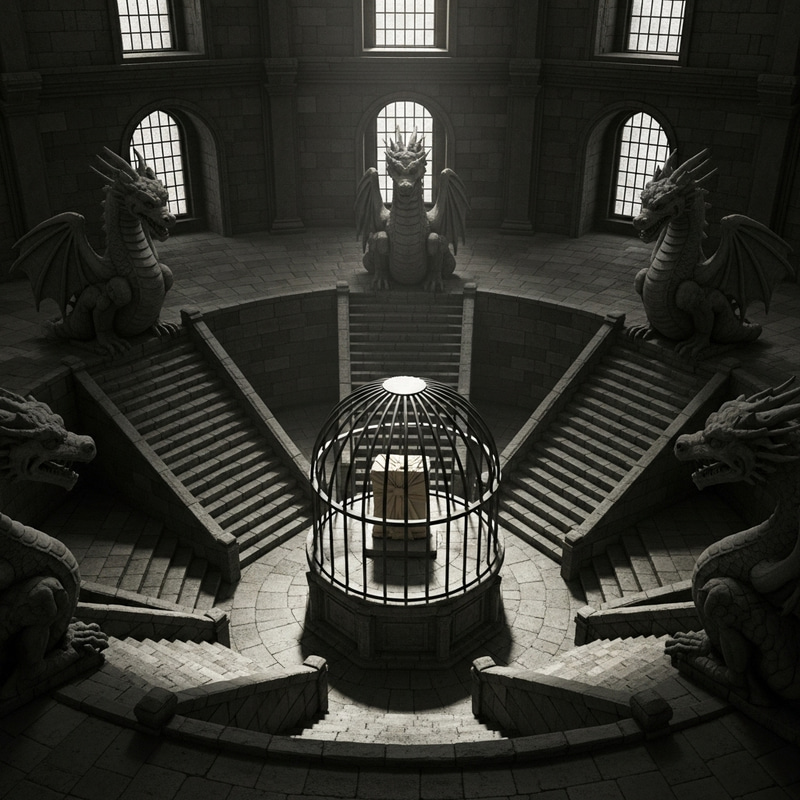 Mystical Circular Room with Stairs, Cage, and Dragon Statues Mystical Circular Room with Stairs, Cage, and Dragon Statues